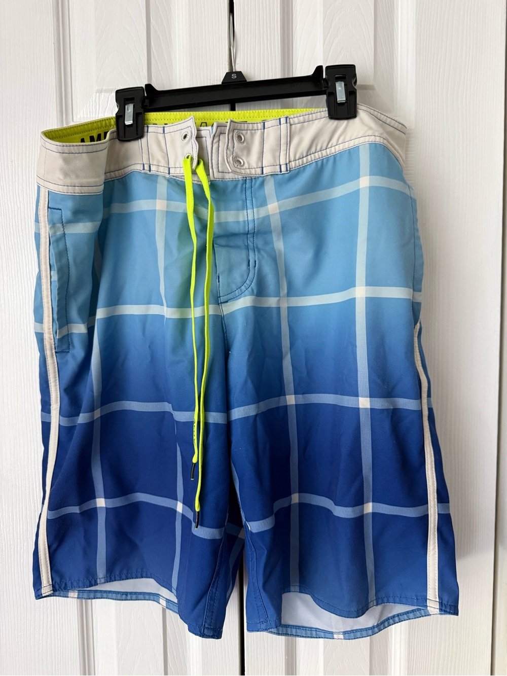 American Eagle Outfitters Blue Gradient Plaid Swim Shorts with Neon Drawcord
